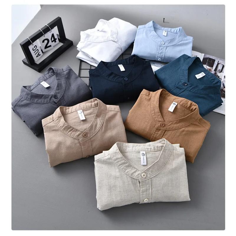 Einfacher Stil Baumwolle Leinen Hemden für Herren Frühling Sommer Täglich Lässig Langarmhemd Tasche Stehkragen Einfarbiges Hemd Strand Atmungsaktiv Herren Top