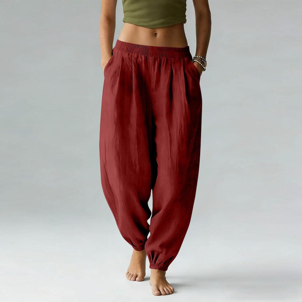 Women's Cotton Linen Pants Casual Elastic Waist Color Jogger Pants Comfy Beach Vacation Trousers With Pockets