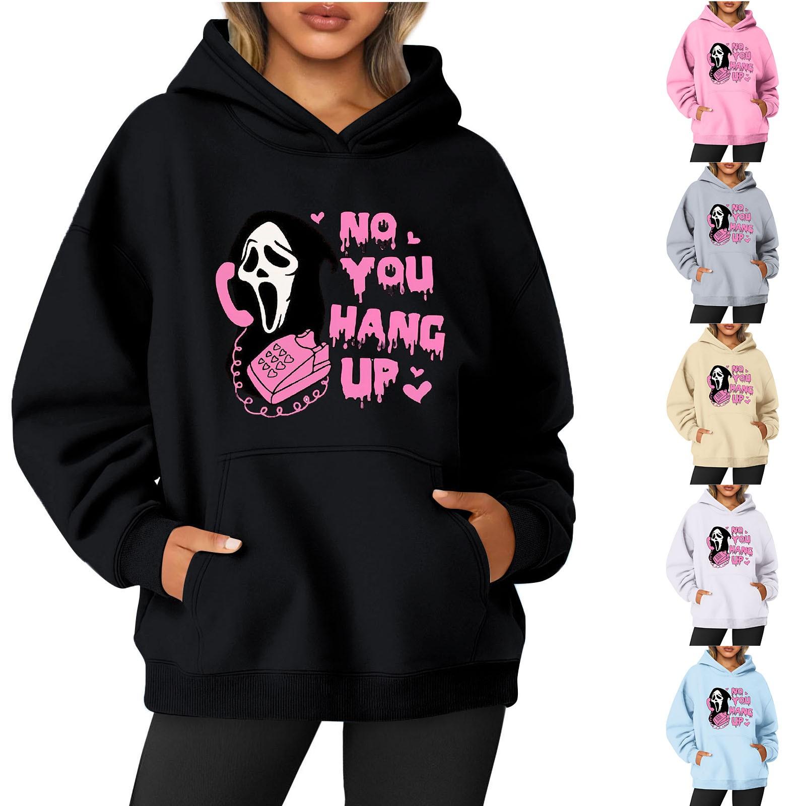 

Женская однотонная толстовка с капюшоном с длинным рукавом и принтом на Хэллоуин