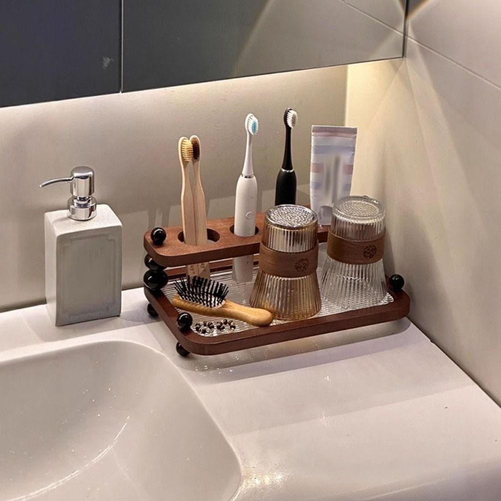 Save Space Functional Toothbrush Storage Rack Vintage Circular Arc Wooden Storage Shelf No Drilling Required Petite