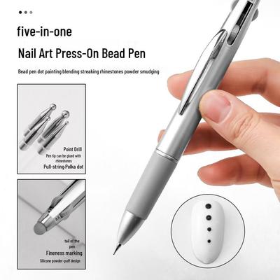 5-in-1 Nail Art Dotting Pen: Multi-Head Tool for Beading, Powder Smearing, Wire Pulling, and Rhinestones
