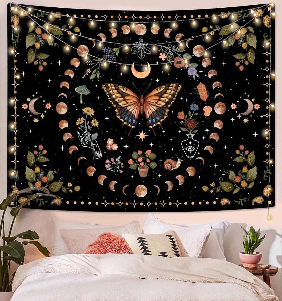 VIKAMA Yellow Butterfly Moonlight Flower Tapestry Retro Bohemian Style Living Room Dormitory Wall Hanging Home Decor
