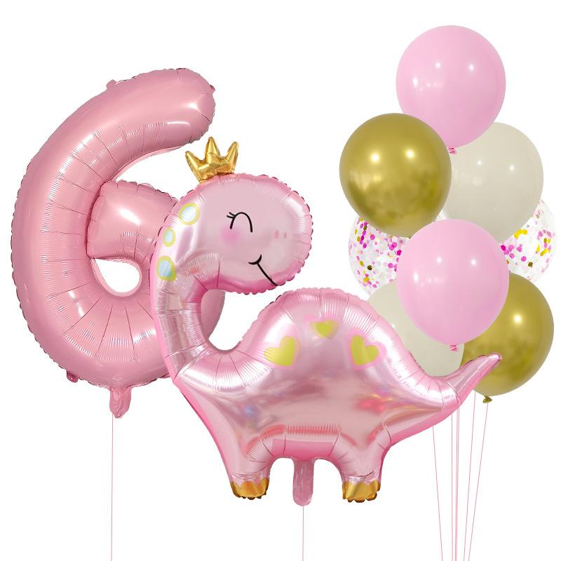 Cute Crown Pink Dinosaur Aluminum Film Balloon Set 32 Inch Pink Digital Girl First Birthday Party Decoration