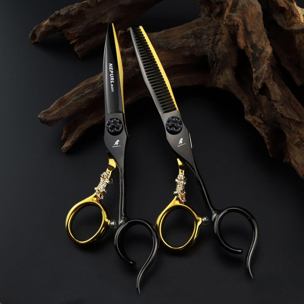 Black 6.0-inch Napson Steel Gold Tiger Bearing Hairdressing Scissors - Serrated & Thinning