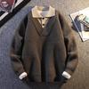 2024 Men's Autumn/Winter American Retro V-Neck Cardigan Sweater - Casual Solid Color Knitwear