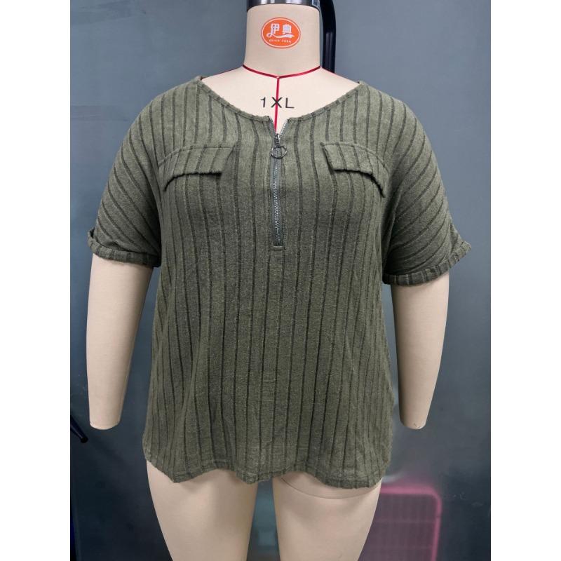 Wiosenno-letni damski T-shirt Jednolity kolor Plus Size Top Zip Krótki rękaw Fałszywe kieszenie T-shirt pulowerowy Luźny