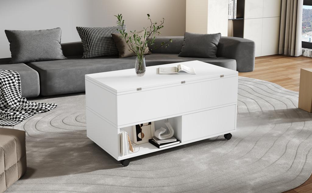 Coffee table, height-adjustable living room table, 3-in-1 multifunctional with casters, 4 drawers, convertible into dining table, white, 100x50x52cm