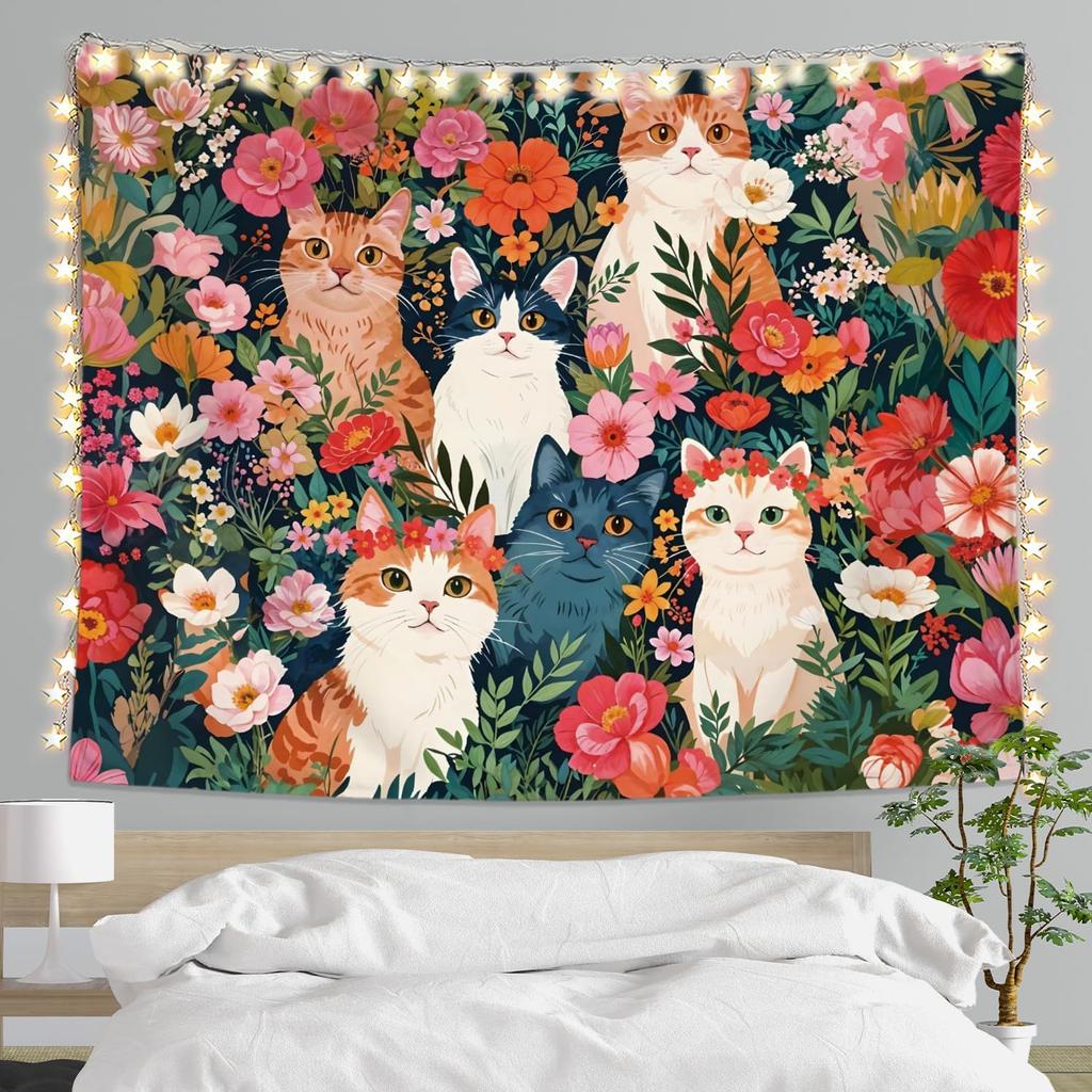 Funny Cat Tapestry for Bedroom, Cute Black and White Tapestry Anime Tapestry Wall Hanging with, Gifts for Cat Lovers, Cats Wall