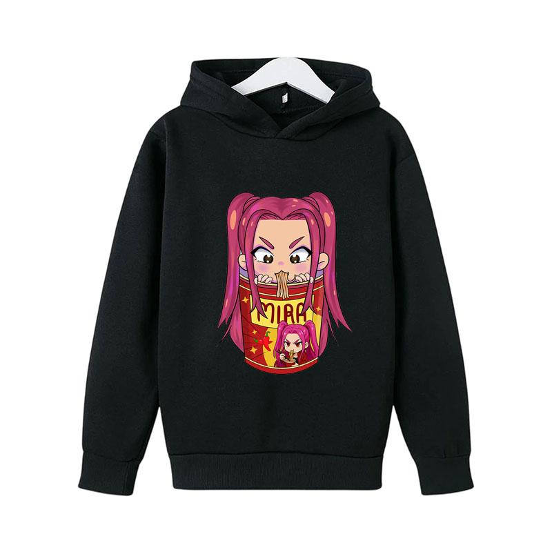 Comfortable kids hoodie with vivid cartoon noodle girl print, relaxed cut, suitable for daily wear, sports and casual family outings all year round.