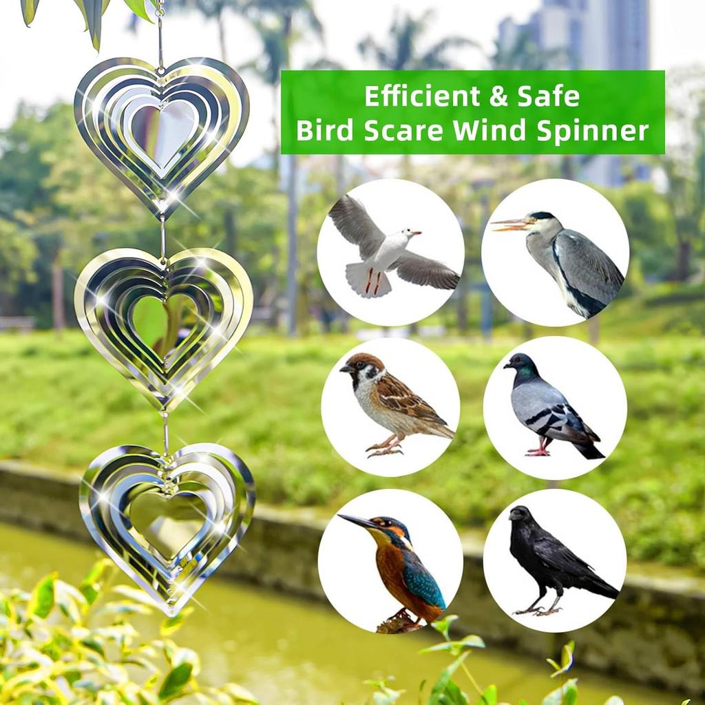 Bird Deterrents for Outside:Reflective Bird Scare Devices,3D Double-Sided Heart Wind Spinner Birds Scare Discs Set to Keep Pigeon and Woodpecker Away