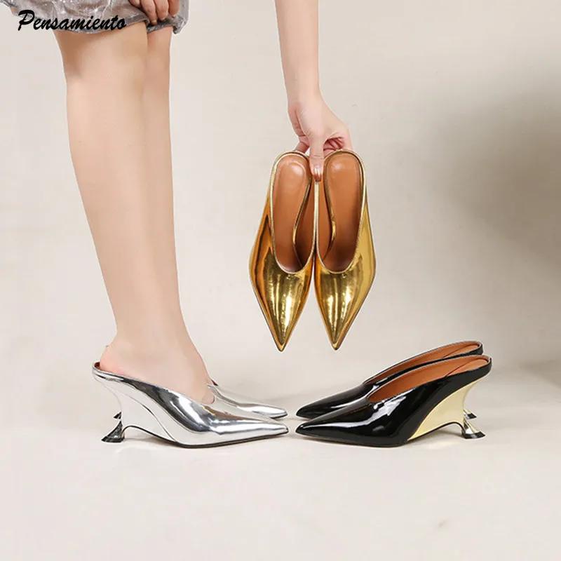 2025 New Design Fashion Platform Wedges High Heels Mule Women Slippers Concise Shallow Pointed Toe Party Dress Ladies Shoes