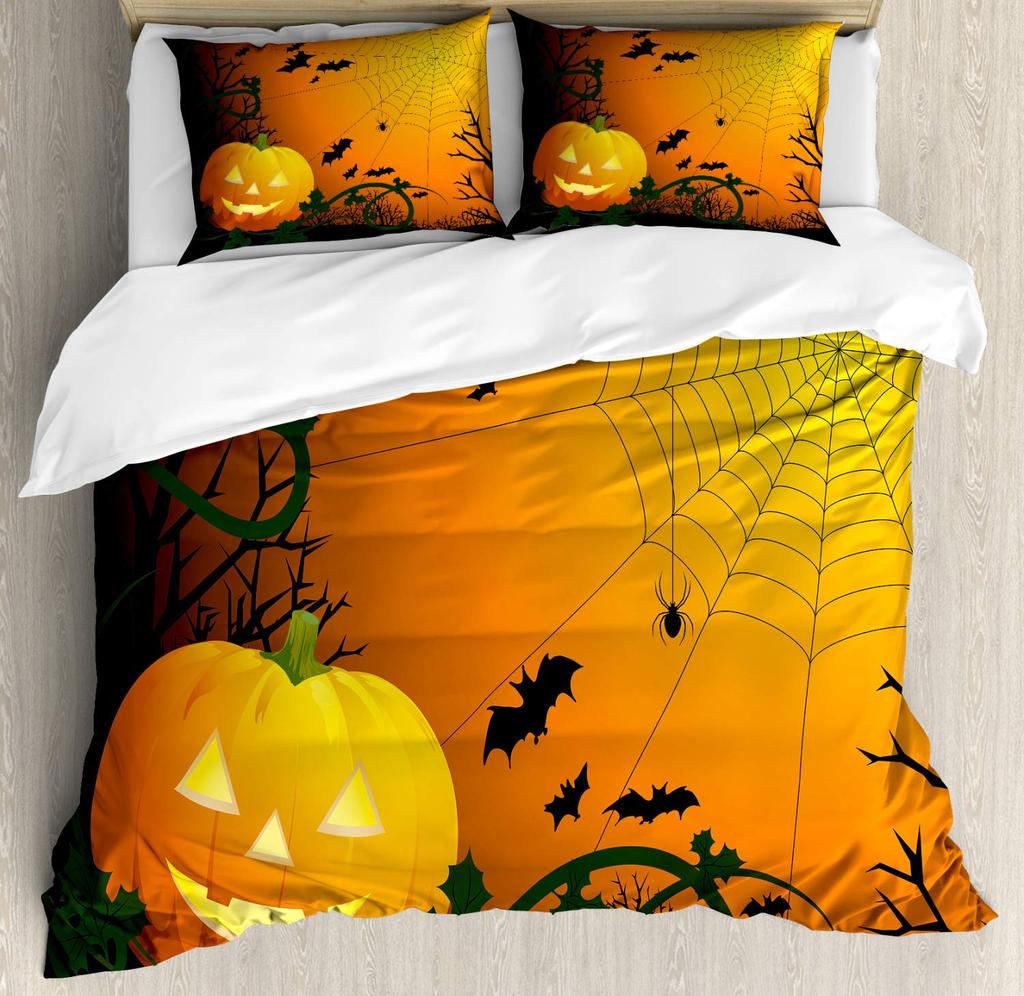 Halloween Duvet Cover Set, Spooky Carved Halloween Pumpkin Lantern Bat Bedding Set Single Twin Full Queen King Comforter Cover