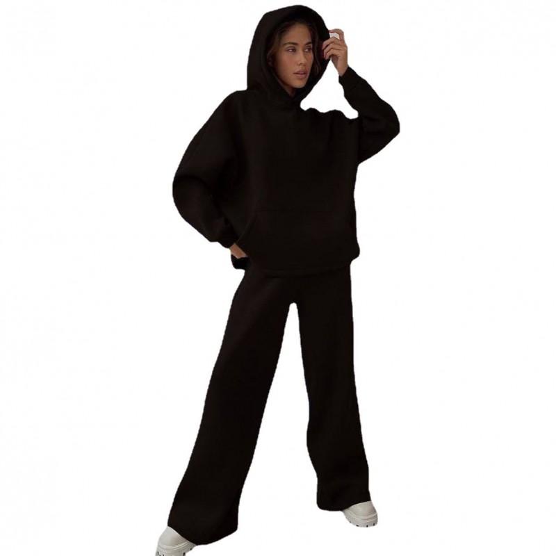 Womens Casual Loose Fit Long Sleeve Hooded Top Wide Leg Pants Set Cotton Blend Streetwear Outfit