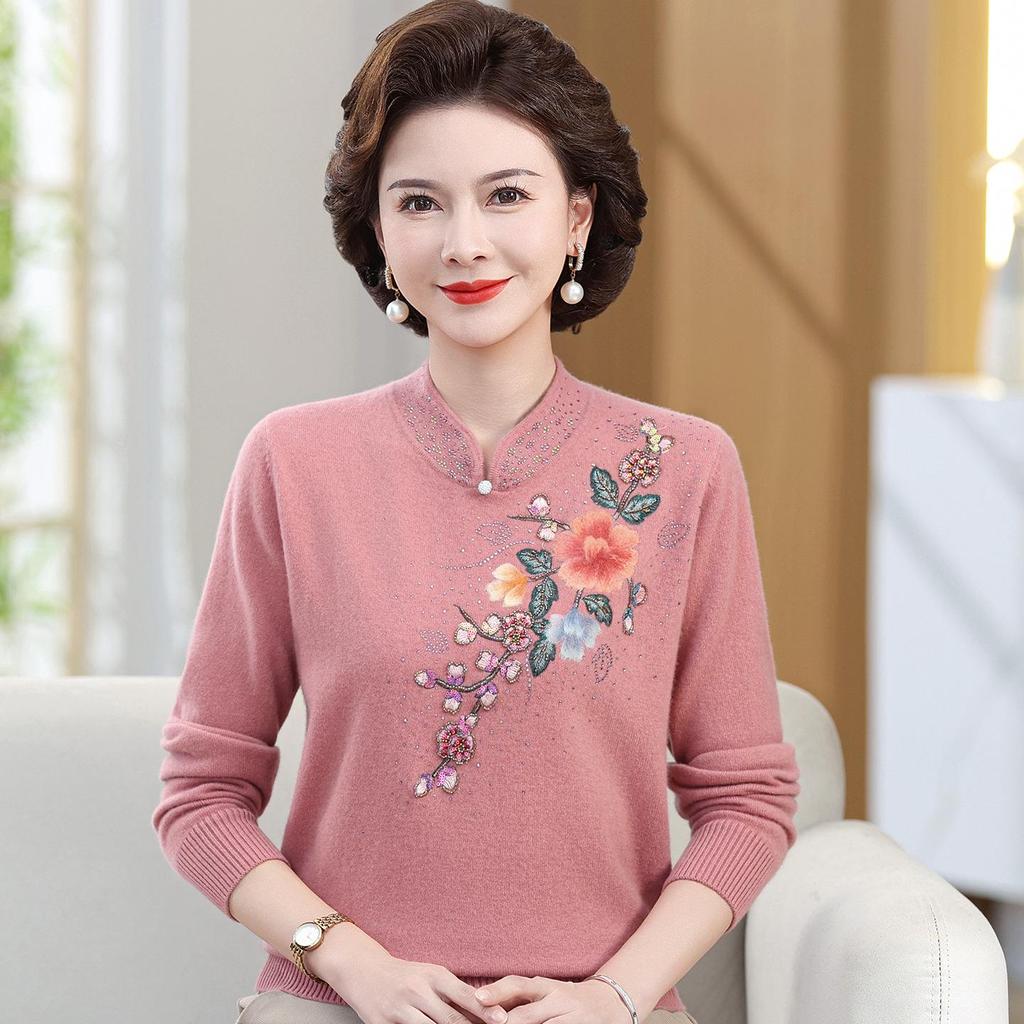 Elegant Embroidered Wool Qipao Collar Sweater for Autumn/Winter