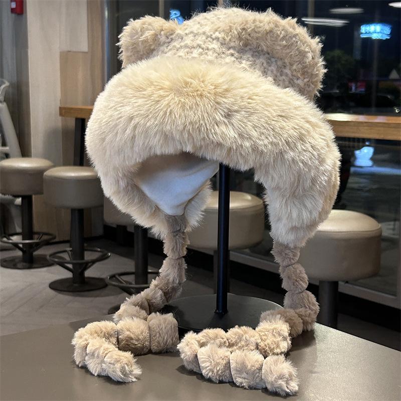 Winter warm ear protection cute plush hat women's plush thickened knitted wool hat imitation fur show face small Lei Feng hat