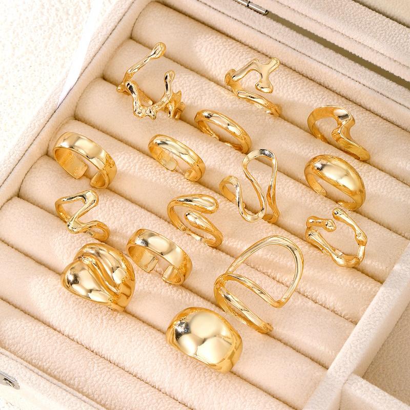 15Pcs/Set Exaggerated Metal Irregular Lines Water Droplet Smooth Rings for Women Men Punk Retro Boho Fashion Jewelry Gift