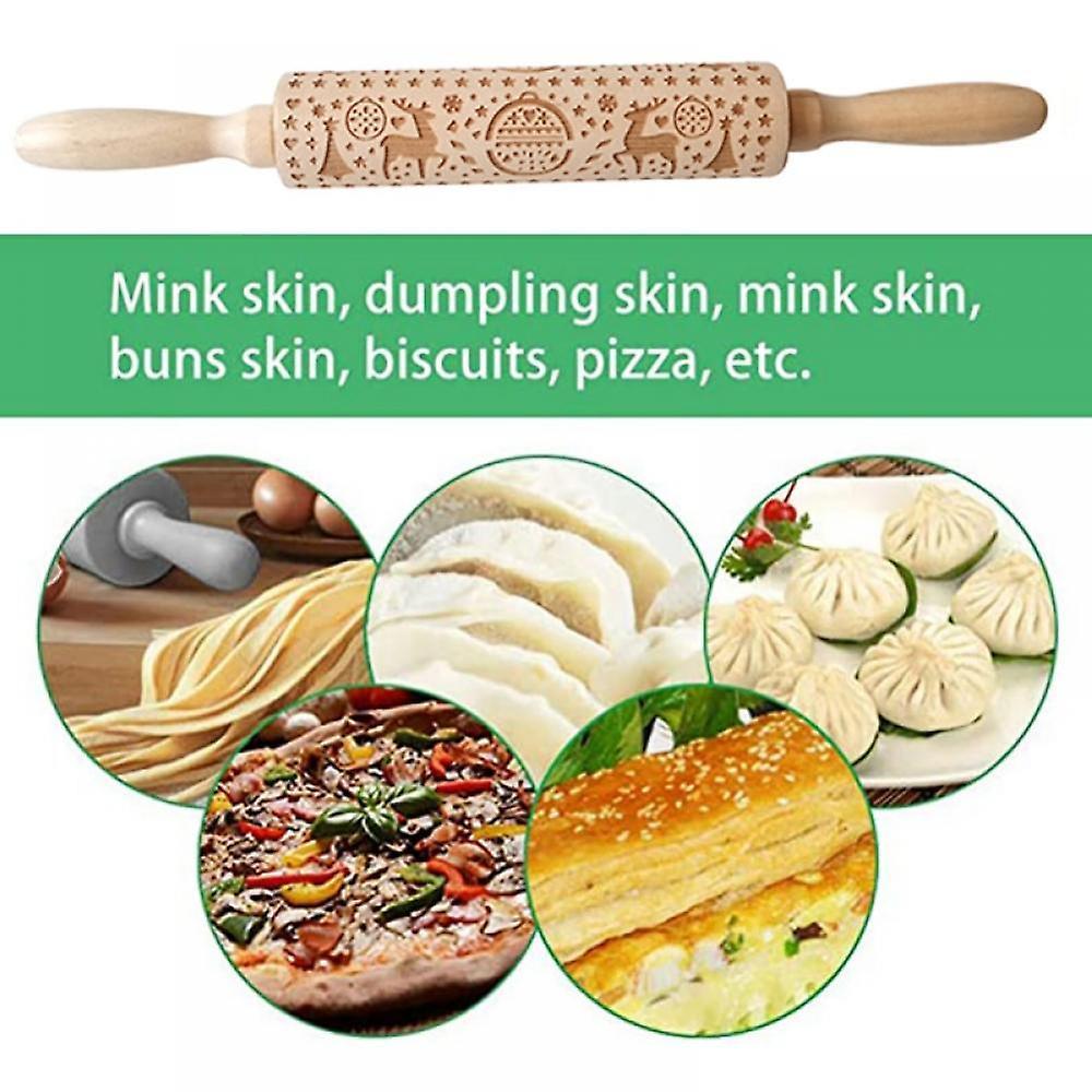 Embossed Wooden Rolling Pin with Christmas Deer Pattern, Cute Engraved Cookie Baking Tool for DIY Cookies