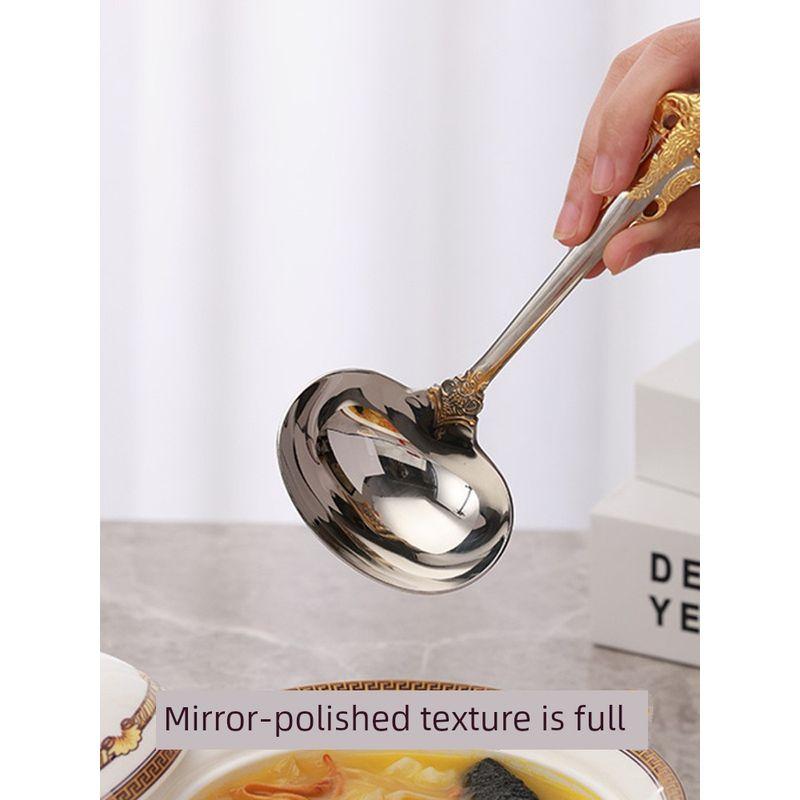 Steel Spoon with Palace-Style Embossed Handle, Golden Small Soup Spoon, Short-Handled Kitchen Spoon for Home Use, Suitable for Serving Porridge