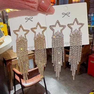 925 Silver Star Tassel Earrings With Full Diamond Design - Trendy Luxury Style for Women