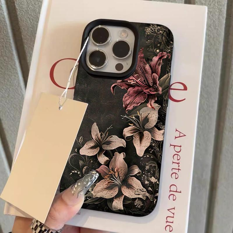 

Luxury Retro Lily Pattern Lychee Texture Phone Case For iPhone 17 16 15 14 13 12 11 Pro Max 14 15 Plus 17 Air Silicone Cover iPhone17 Pro