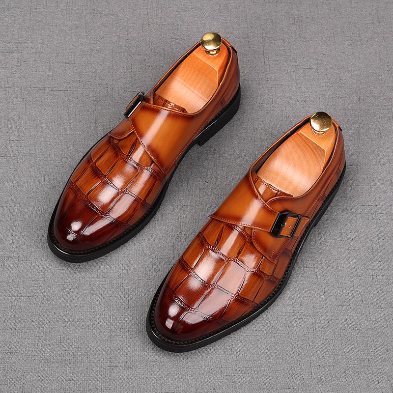 Fashion New Men's Alligator Pattern Monk Strap Loafers Pointed Slip On Business Flats Shoes Designer Homecoming Wedding Dress Footwear