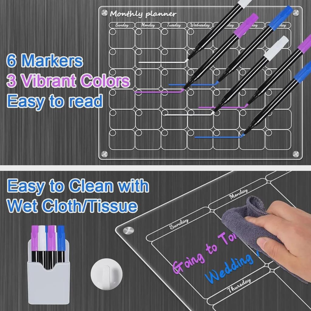 Magnetic Acrylic Dry Erase Calendar: Reusable Monthly & Weekly Planner for Refrigerator