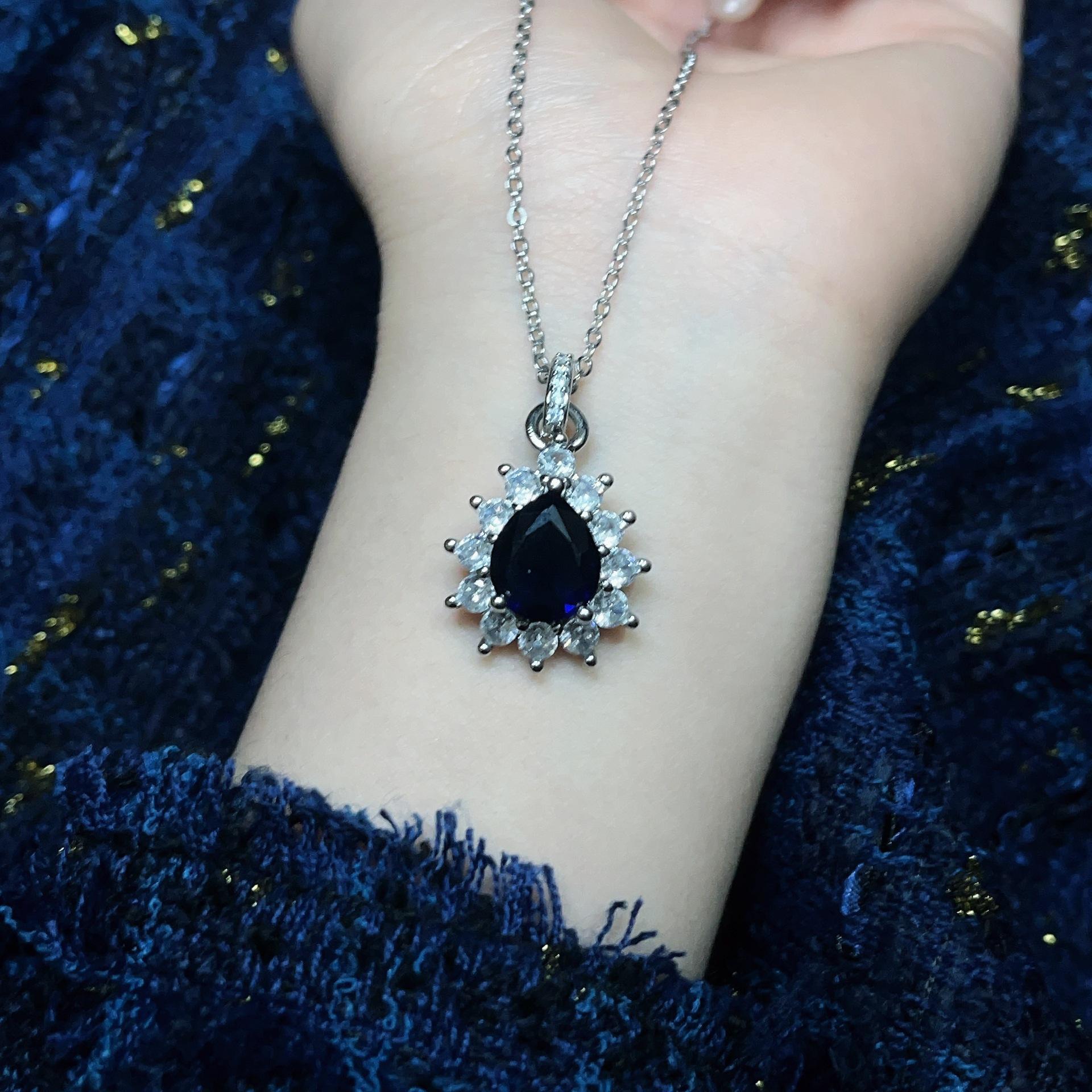 

Noble Temperament Imitation Natural Sapphire Group Setting Zircon Pendant Women S Ring Necklace Stud Earrings Three-Piece Set