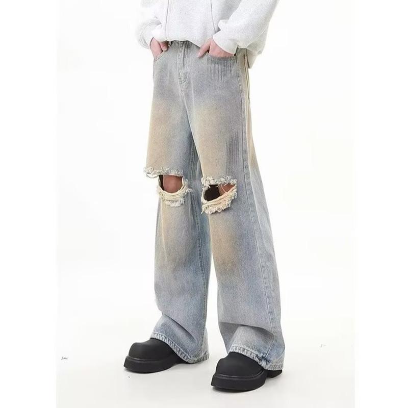 Jeans spring and autumn street hole design loose casual straight teen mopping pants long pants men