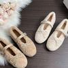 Winter New Warm Fur Flat Shoes Women's Fashion Round Head Butterfly Rivets Soft Sole Shoes Non-slip Plush Mary Jane Shoes