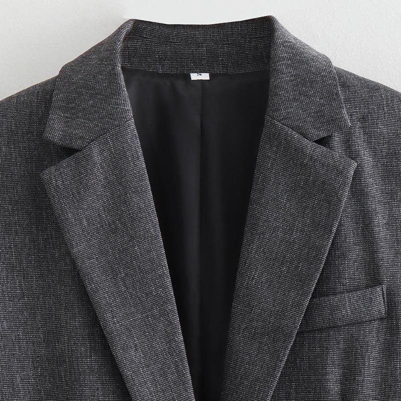 Women Fashion with Pockets Grey Single Button Blazer Vintage Notched Neck Long Sleeves Female Chic Lady
