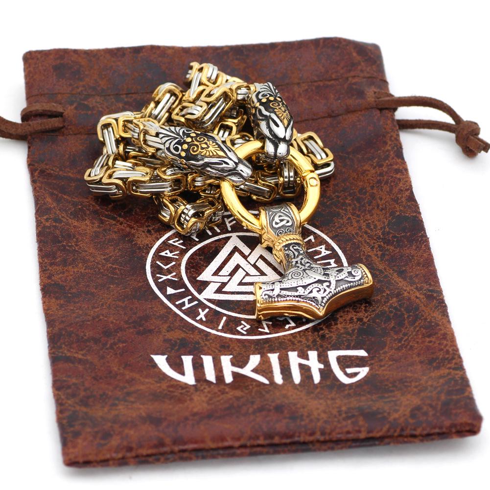 Men's Gold Viking Dragon Head Steel Thor's Hammer Necklace