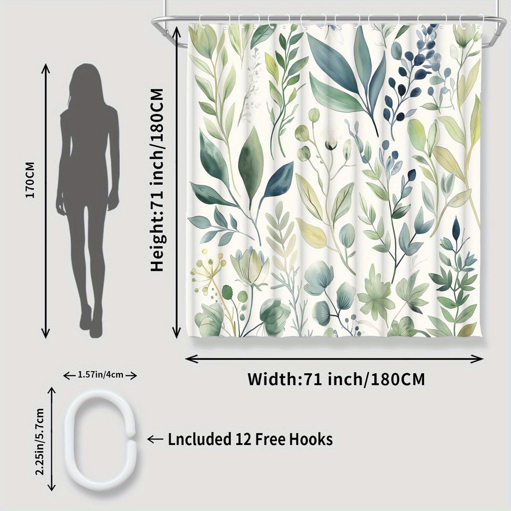 1pc Plants Pattern Shower Curtain, Waterproof Shower Curtain With Hooks, Bathroom Accessories, Home Decor