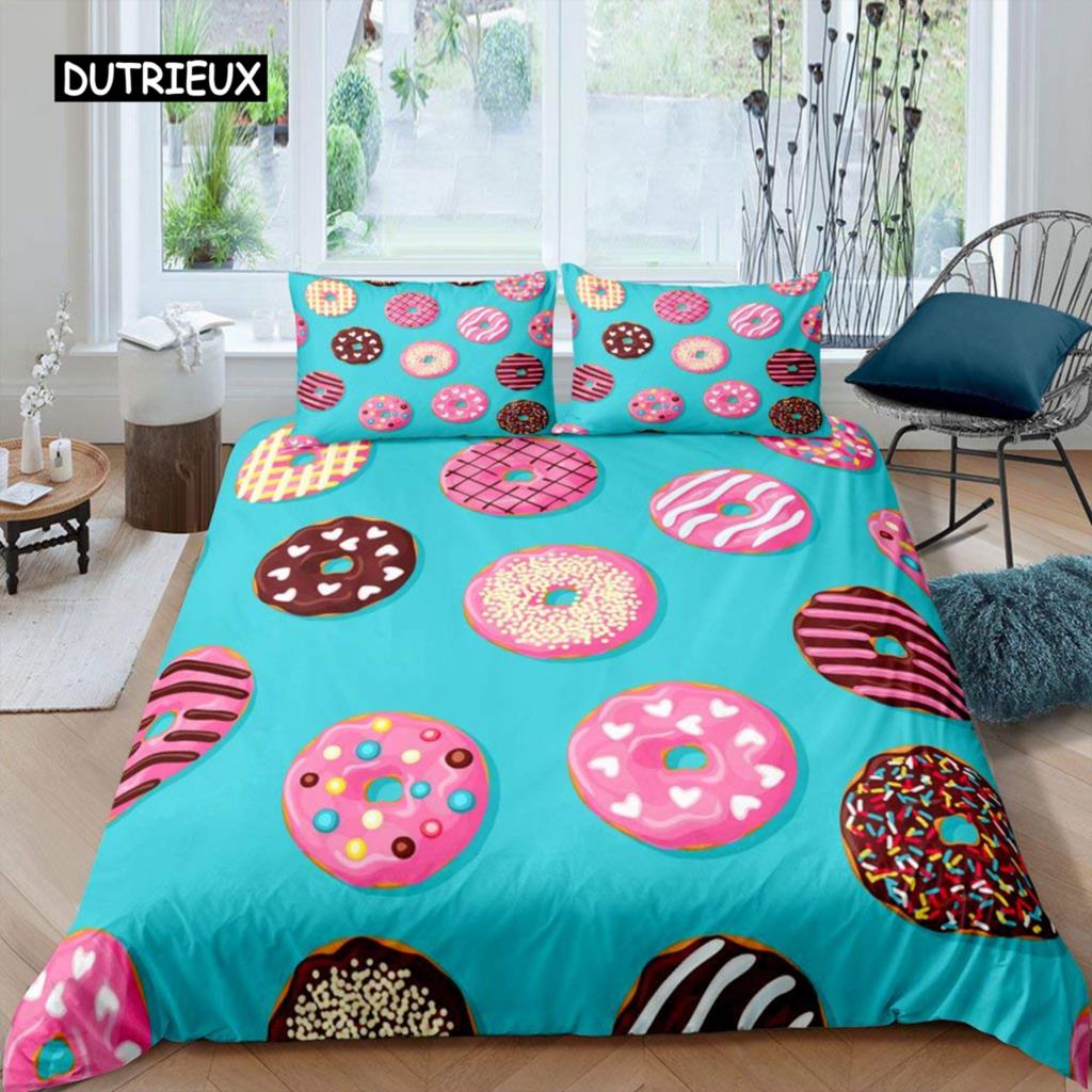 Zestaw Poszwy na Kołdrę Donut Motyw Deserowy Jedzenie Kolorowy Nadruk 2/3 szt. Podwójny Queen King Size Zestaw Pościeli dla Dziecka Dziewczynek