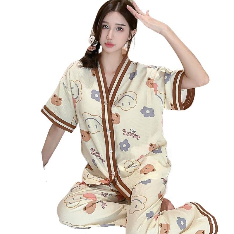 Thin, loungewear bubble foam, new short-sleeved trousers, women's two-piece pajamas, cardigan can be worn outside