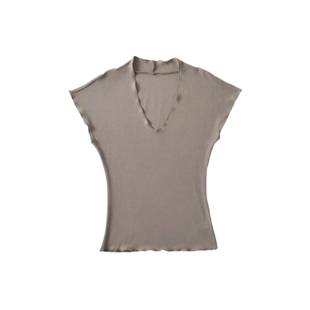 Damen V-Ausschnitt Kurzarm T-Shirt Slim Fit Einfarbig Basic Lässiges Tee Top