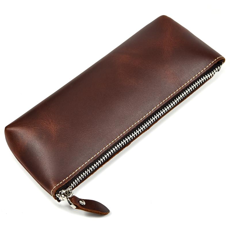 Large Capacity Unisex Crazy Horse Leather Pen Case Zippered Pencil Pouch Handmade Cow Leather Pen Bag for Student