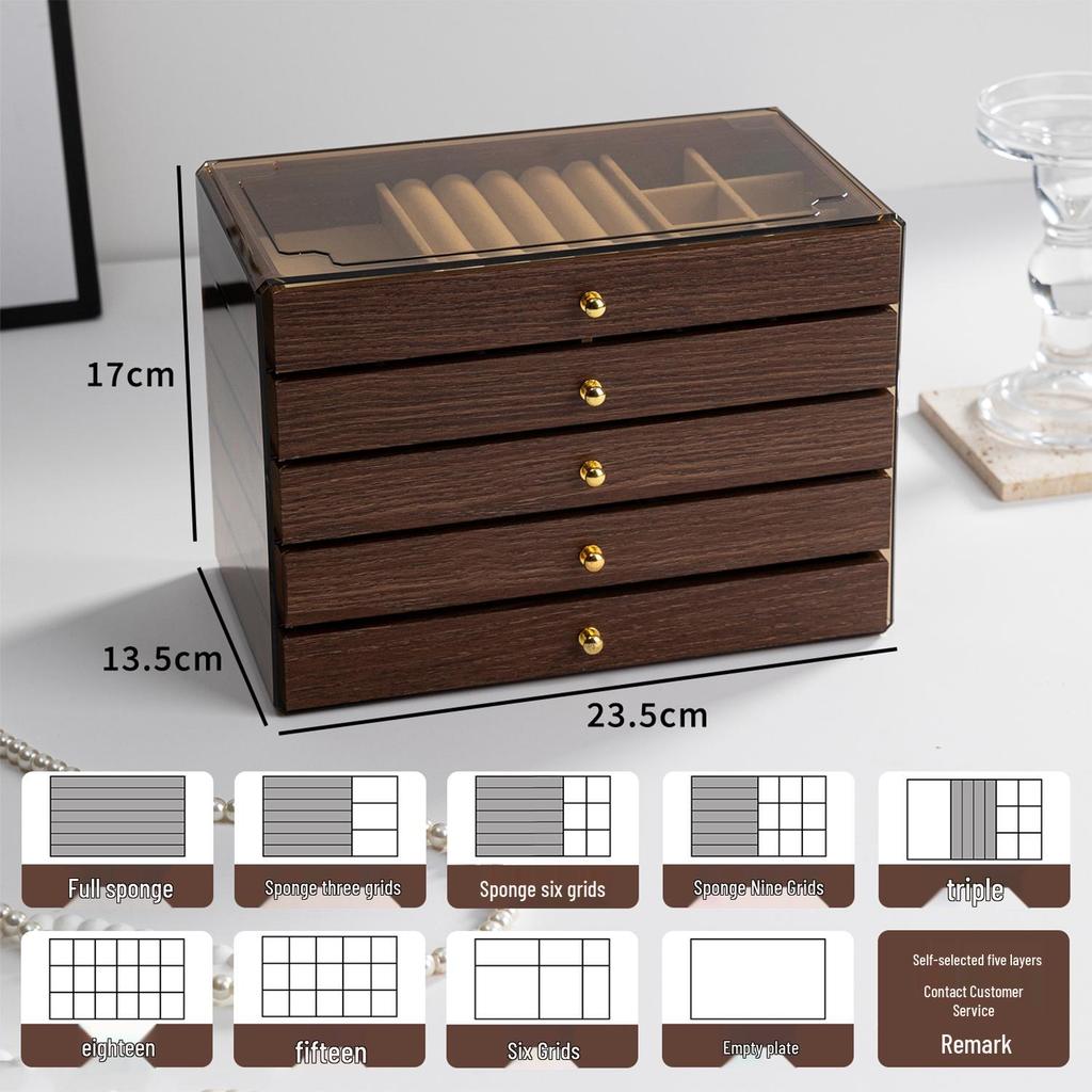 Antique Chinese Walnut Wood Multi-layer Jewelry Box with Drawers for Rings, Earrings, and Necklaces
