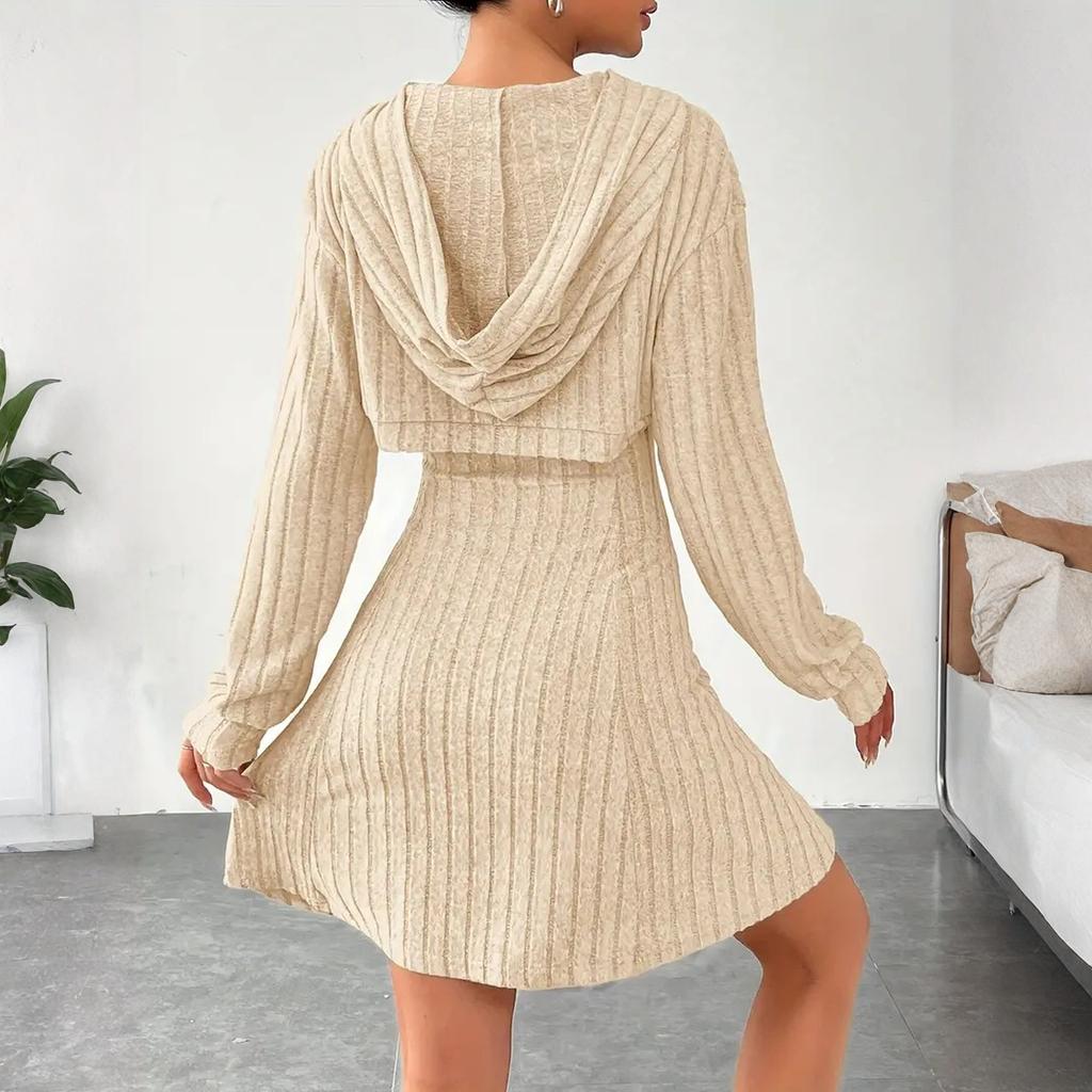 Women's Fashionable Casual Solid-color Long-sleeved Hooded Short Top + Sleeveless Dress Set