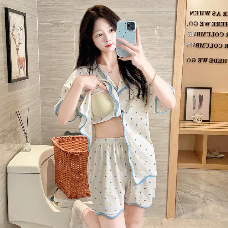 Women's Thin Korean-Style Sweet Pajama Set with Bra Pads - Summer Short Sleeve & Shorts Cardigan, Anti-Pilling Home Wear