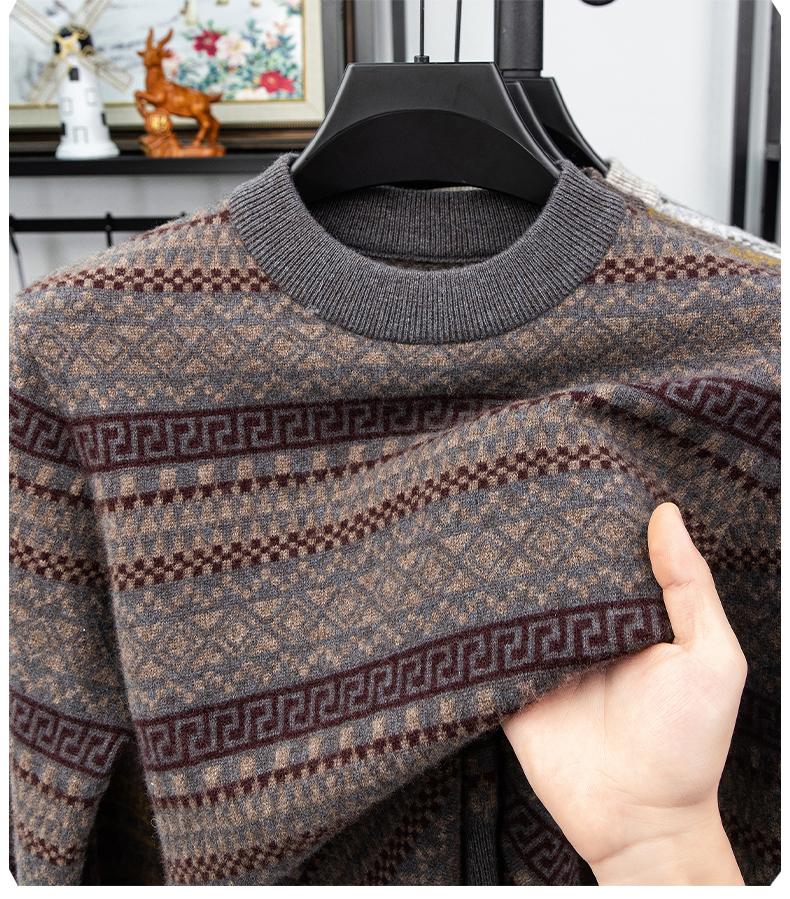 [15% Yak Fleece] Autumn and Winter Retro Round Neck Jacquard Men's Woolen Sweater for Warmth and Contrast Color Inner Coat