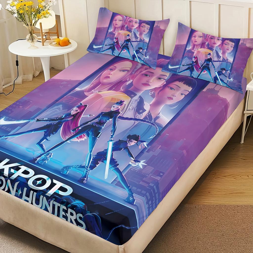3pcsK-Pop Demon Hunters Printed coreless Fitted Sheet Set Multi Size Soft Bed Cover Bedroom Bedding Decoration Machine Washable