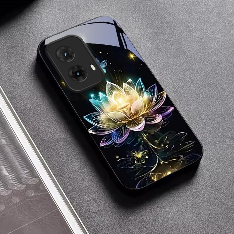 Crystal Lotus Art Black Glass Phone Case For Motorola Moto G14 G22 G24Power G24 G34 G35 G45 G54 55 G75 G84 85 Hard Black Cover