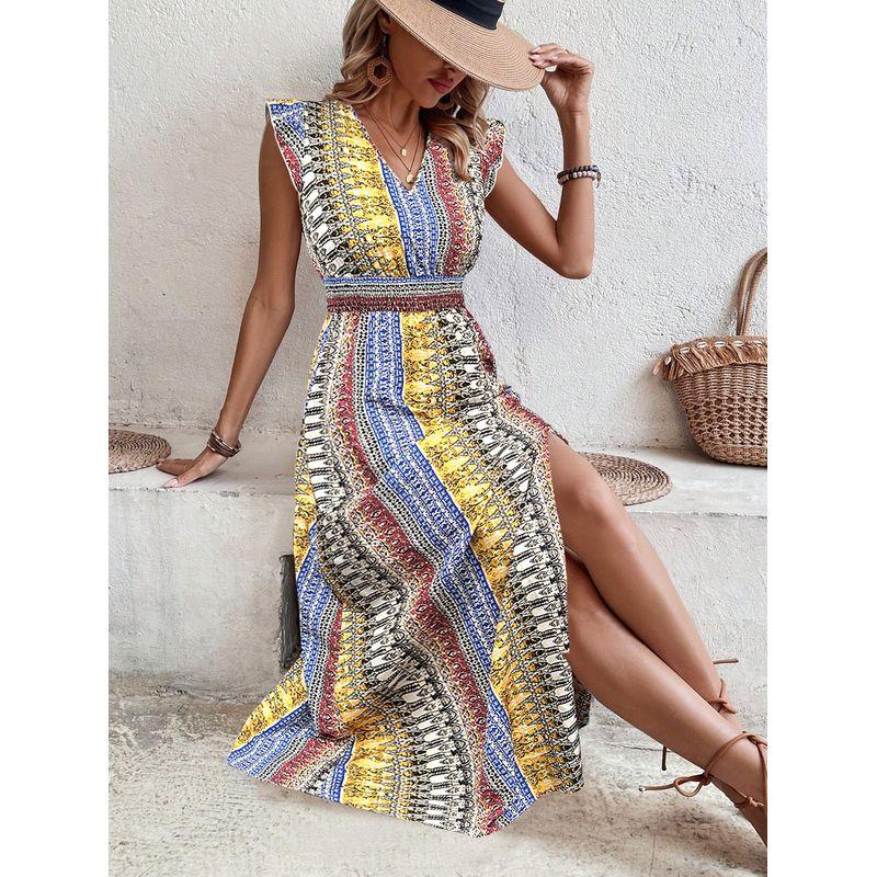 

Модное весенне-летнее поступление Богема Вязаное облегающее платье с V-образным вырезом, подчеркивающее талию и с разрезом Yellow M