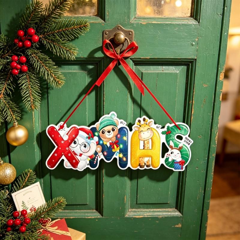 6 Set of Assorted Paper Christmas Door Hanging Decorations with Hanging Ribbons and Santa, Truck, Holiday Characters, and Sign Motifs