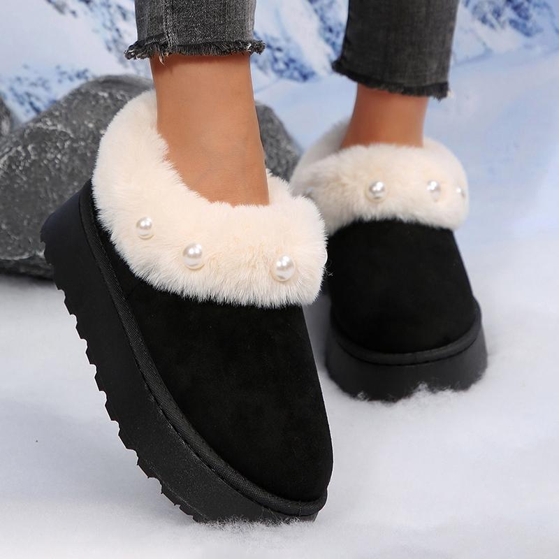 Fluffy Fur Platform Snow Boots Women Fashion Pearls Decor Non Slip Winter Ankle Boots Woman Thicken Plush Warm Cotton Shoes 43