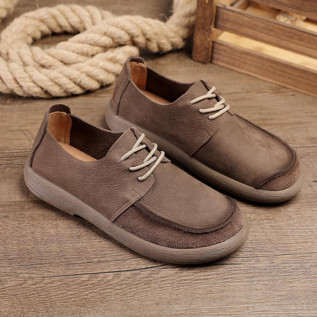 Wide Toe Men's Shoes Breathable Casual Retro Shoes Genuine Leather Leather Shoes Men's Lace Up Soft Leather Soft Sole Easy To Match Single Shoe Trend