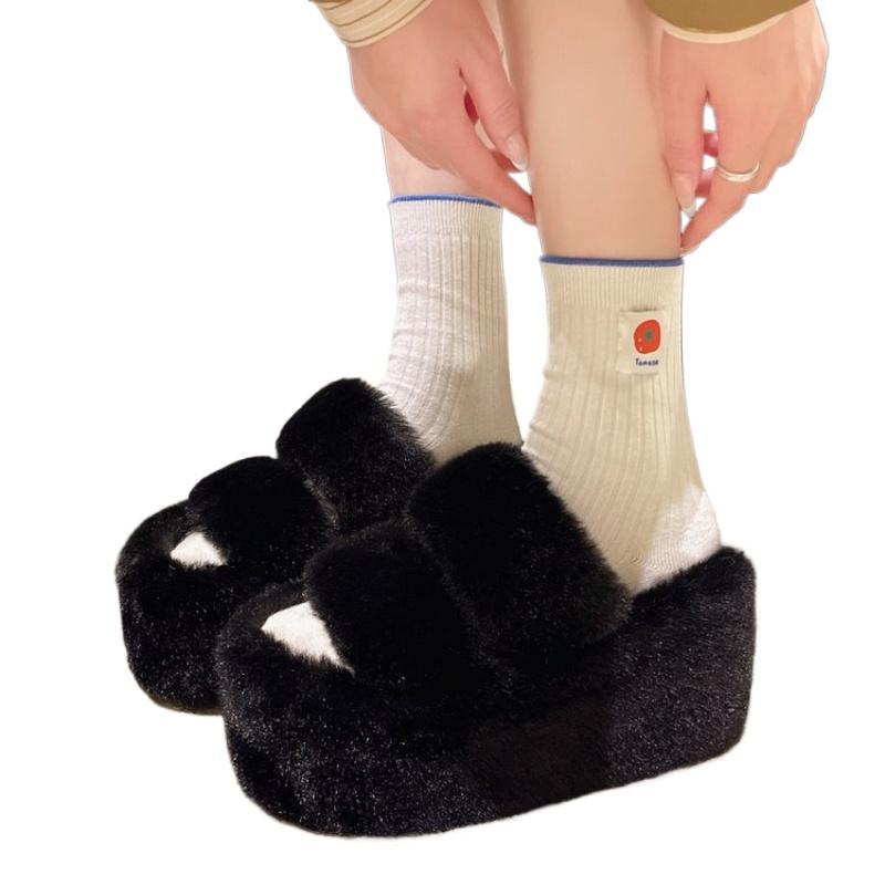 Fashion New Fur Slippers Women's Wedge Heel Shoes Women High-heeled Furry Drag Fashion Outdoor All-match Shoes Slippers Furry Slides