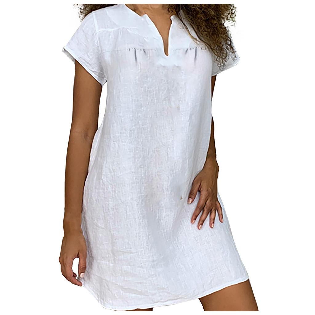 Gonna ampia estiva da donna alla moda, manica corta, scollo a V, abito in cotone e lino