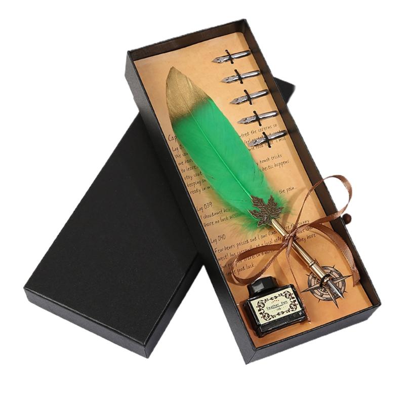 Retro Antique Feather Pen Kit Retro Dip Pen Assorted Color 5 Replacement Nibs Executive School Gift for Students Girls зелёный