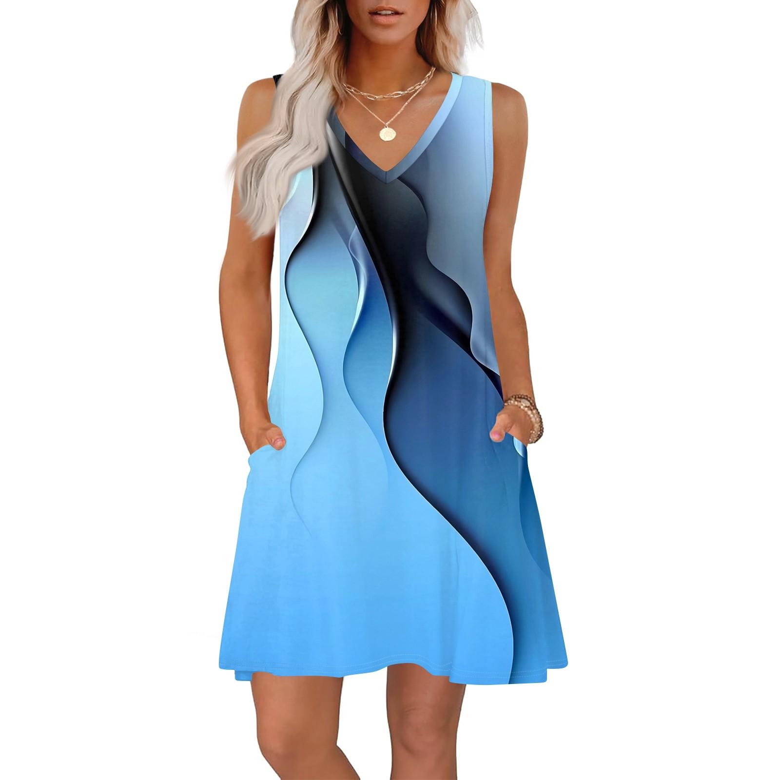 

Женские летние платья свободного кроя с принтом V-образным вырезом без рукавов сарафаны пляжное гавайское платье с карманами XL синий